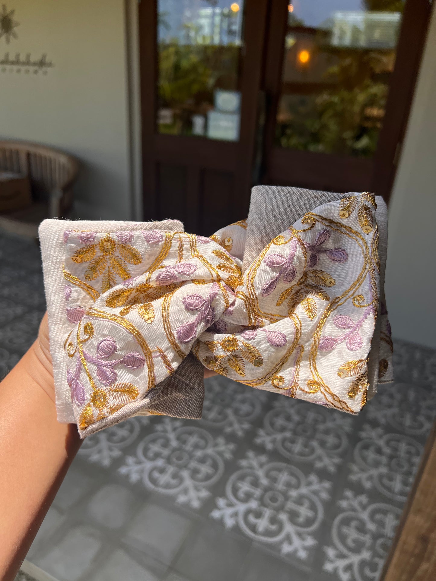 刺繍ターバン ワイヤーターバン 紫と金色
