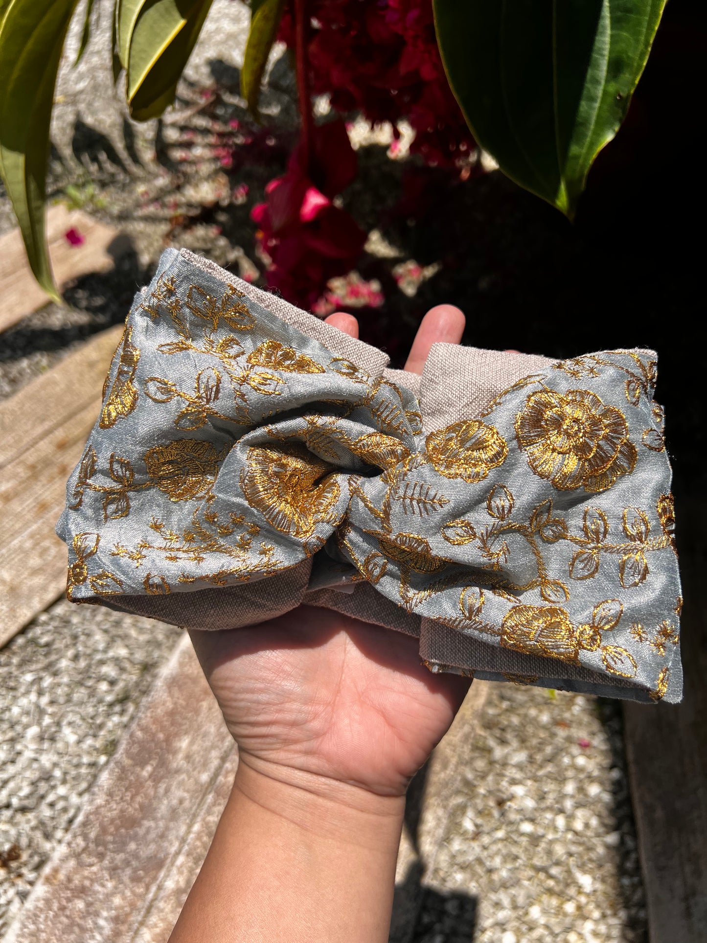 刺繡ターバン グレー×ゴールド