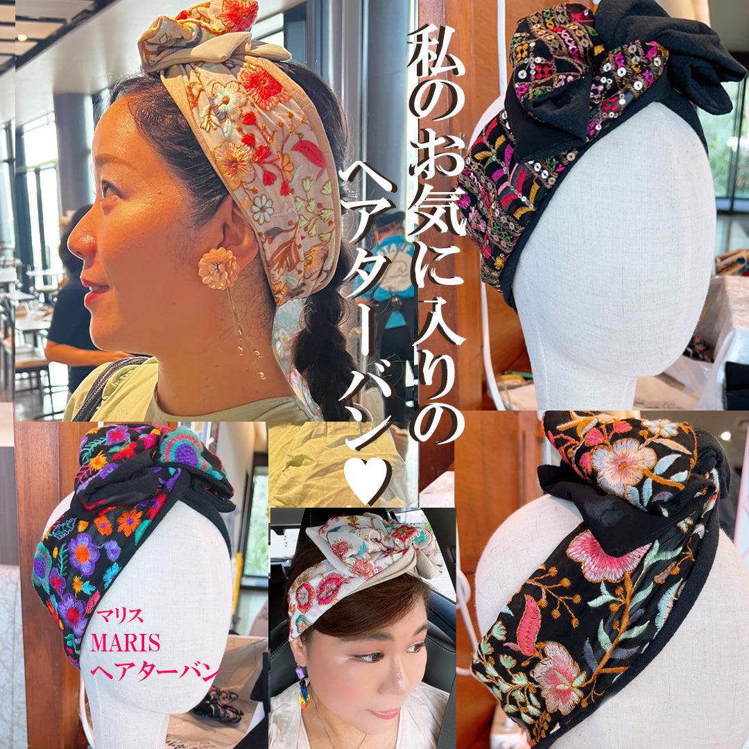 360度可愛い刺繡ターバン オレンジ&赤 花柄 ワイヤーターバン ヘアターバン