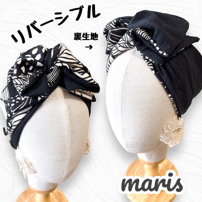 1番人気 黒の花柄ヘアターバン(ワイヤーターバン)