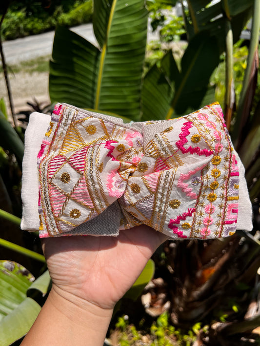 ピンク刺繡ターバン　ワイヤーターバン