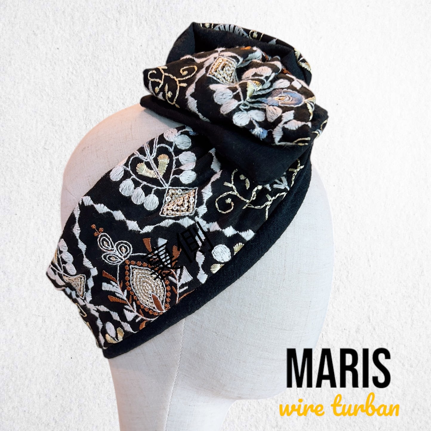 白雪の刺繍ターバン　ワイヤーターバン　ヘアターバン　