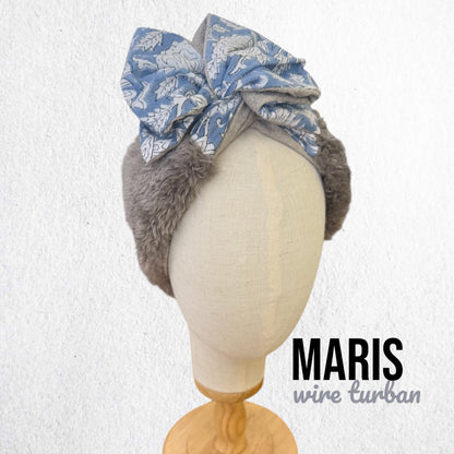 ふわふわグレーファーとブルーフラワーリボンの冬ターバン