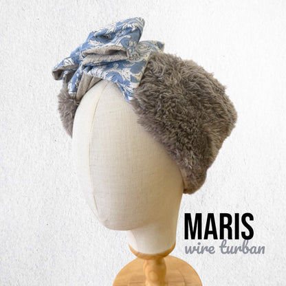 ふわふわグレーファーとブルーフラワーリボンの冬ターバン