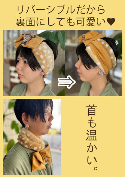 ふわふわグレーファーとブルーフラワーリボンの冬ターバン