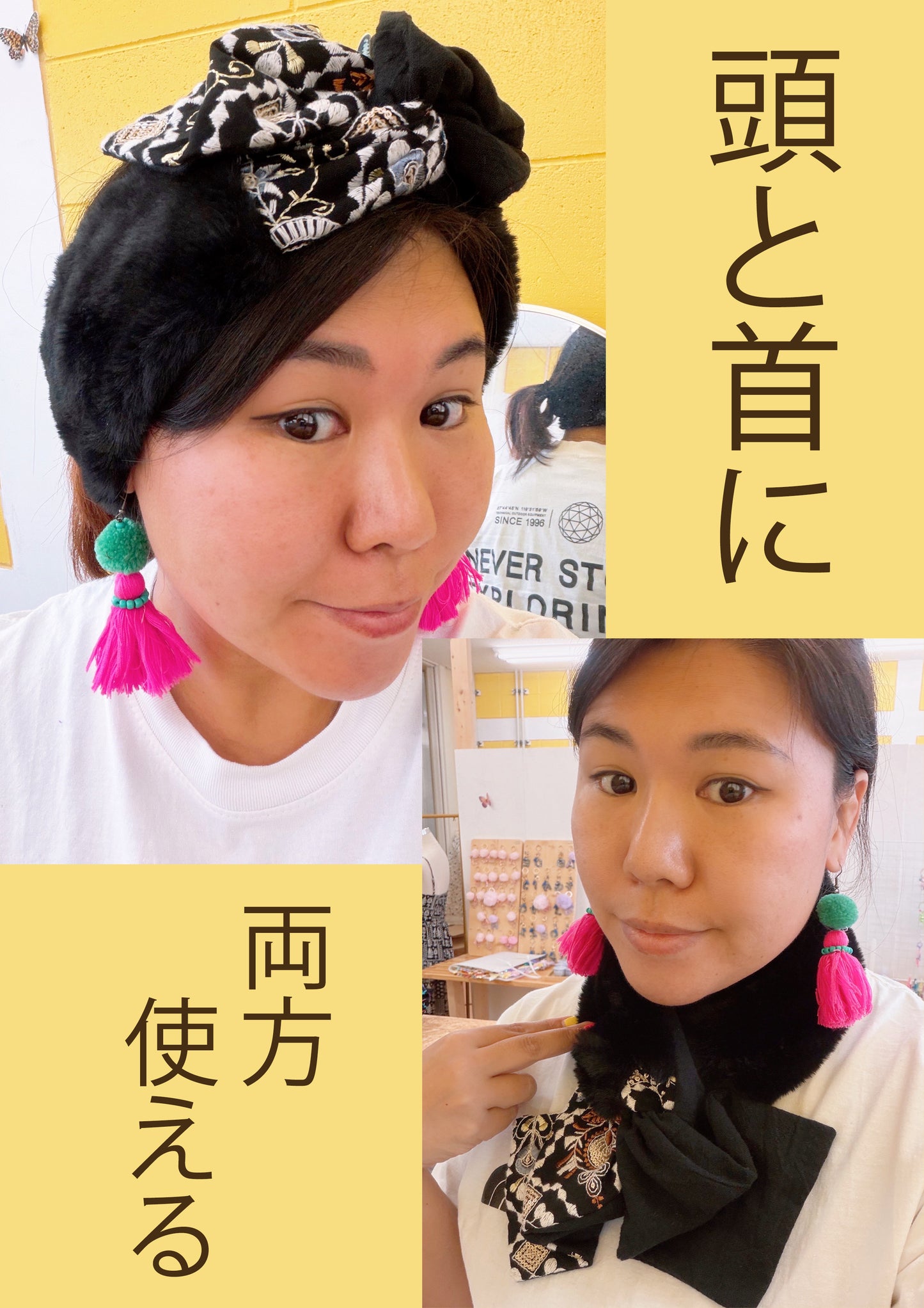 ふわふわグレーファーとブルーフラワーリボンの冬ターバン