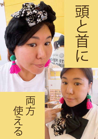 ふわふわグレーファーとブルーフラワーリボンの冬ターバン